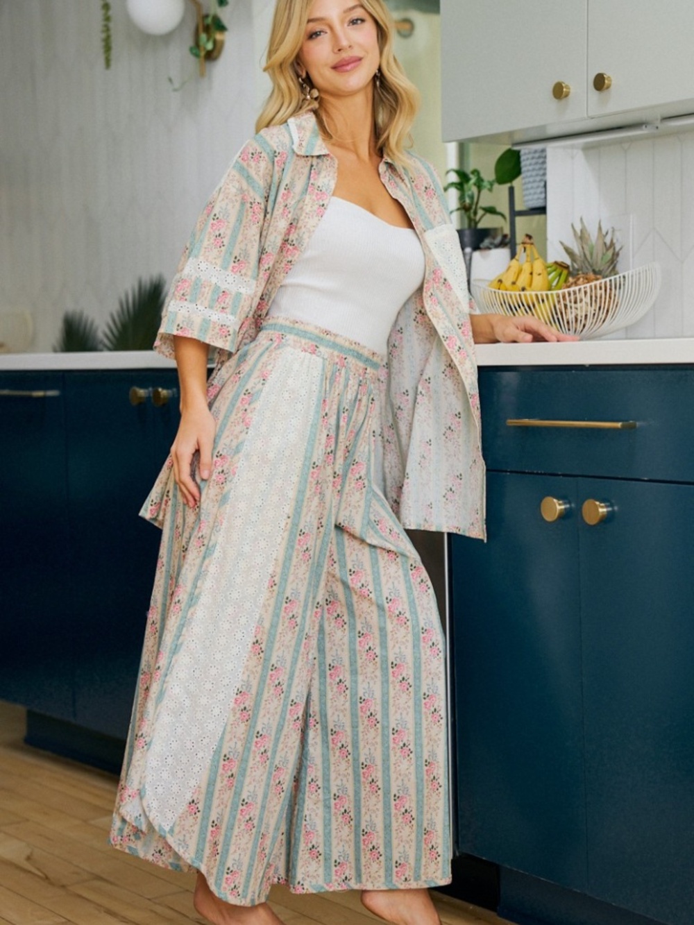 Bibi Floral Striped Print Eyelet Wide Leg Pants - Picture 8 of 12